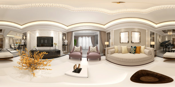 360度现代客厅和餐厅。3D渲染。图片下载