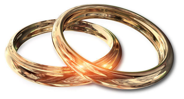 戒指明亮的反射成对金色，直到另一个孤立的白色背景婚姻象征- 3d渲染图片下载