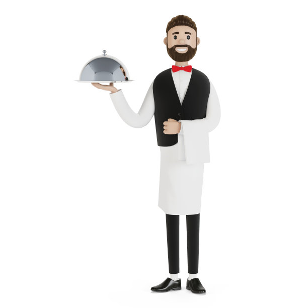 卡通服务员端着托盘。3 d演示。图片下载
