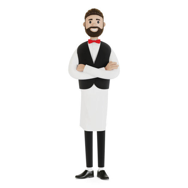 一个卡通人物的服务员肖像。3 d演示。图片下载