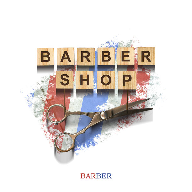 碑文在木块和剪刀上，在一个古老的背景。理发师的颜色。孤立在白色背景上。以美丽和时尚为设计背景。背景。为设计元素。图片下载