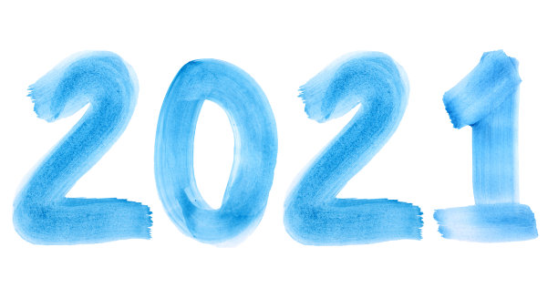 手绘蓝色水彩标志2021在白色背景。新年前夕的插图数字2021为您的设计。打印日历。图片下载