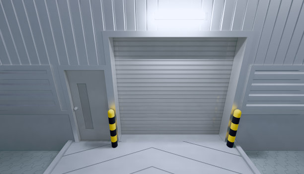 3d渲染机库建筑外部和卷帘门和铺砖地板在晚上的时间。图片下载