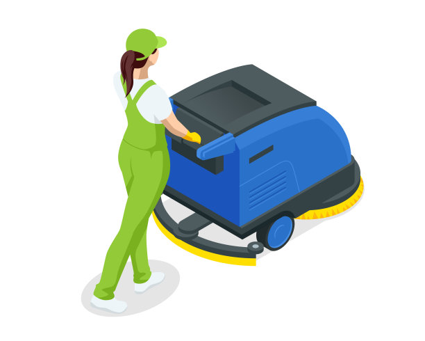 等距地板洗衣机隔离在白色背景。地板护理和清洁服务。女工在清扫地板，用吸尘器清扫。图片下载