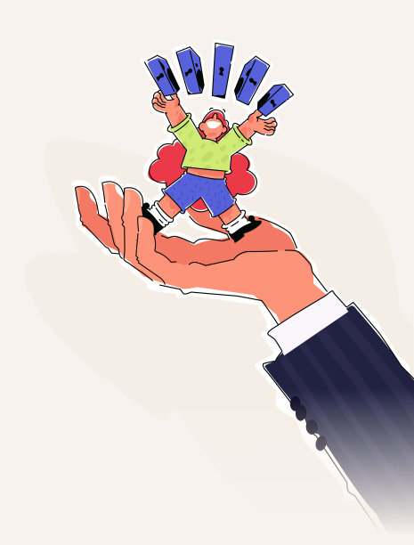 插图一个可爱的卡通人物与保险箱。向量。吉祥物。比喻大关怀的手握住一个男人。存款和银行投资。性格开朗、顽皮。图片下载