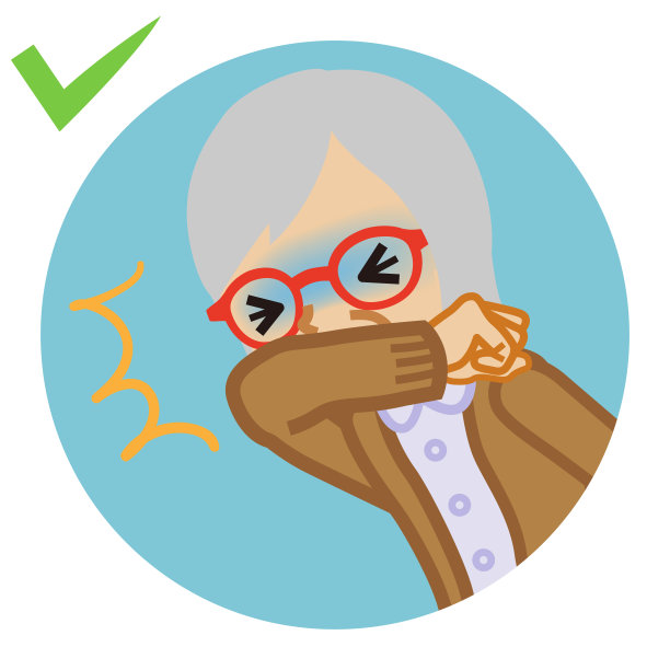 咳嗽资深女性用手臂遮住嘴，圆形图标，卡通风格图片下载