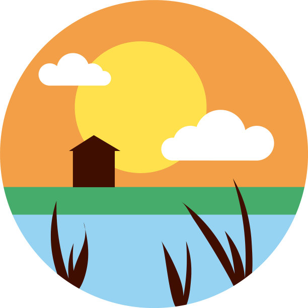 景观与太阳和房屋场景平面风格图标图片下载