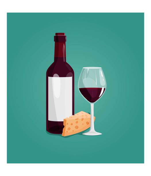 矢量插图葡萄酒瓶，葡萄酒杯，奶酪为网页，信息图，设计。图片下载