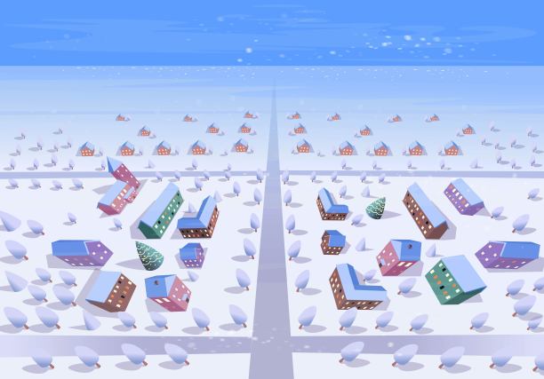 冬季城市的顶视图在下午。矢量插图卡通风格。图片下载