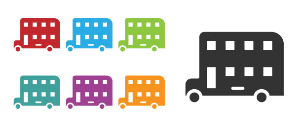 黑色双层巴士图标孤立的白色背景。伦敦经典客车。公共交通的标志。设置彩色图标。向量图片下载