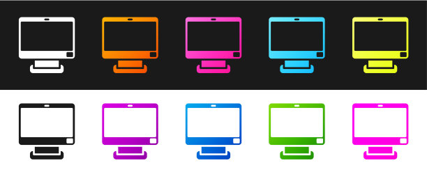 设置计算机显示器屏幕图标隔离在黑白背景上。电子装置。前视图。向量图片下载