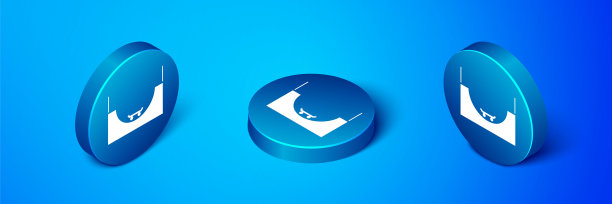 等距滑板公园图标孤立在蓝色背景。一组斜坡，滚轴，楼梯为滑板公园。极限运动。蓝色圆按钮。矢量图图片下载