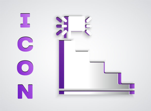 剪纸楼梯与完成旗帜图标孤立在灰色背景。职业成长的商业理念。业务发展的概念。纸艺术风格。向量图片下载