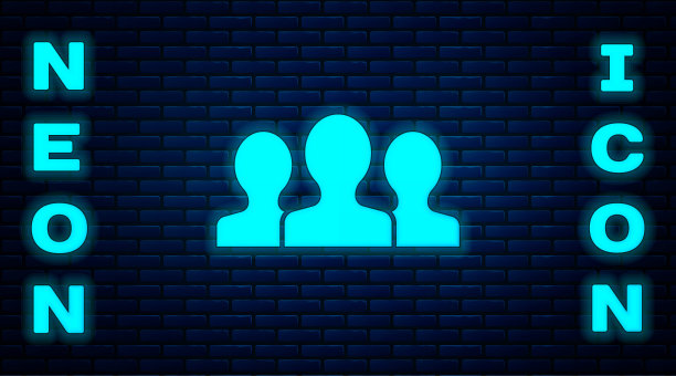发光的霓虹灯用户组图标隔离在砖墙的背景上。一组人的图标。商业头像符号-用户配置文件图标。向量图片下载