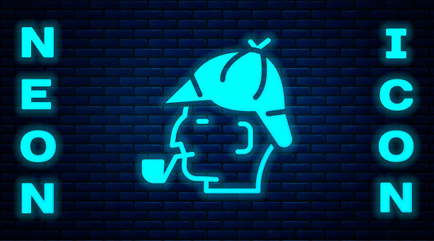 在砖墙的背景上，闪烁着的福尔摩斯烟斗图标。侦探。向量图片下载