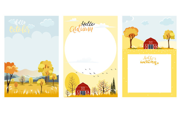 一套可爱的卡通秋天景观农场与复制空间，向量你好秋天与森林树，秋天或秋天季节的旗帜，销售，卡片和模板背景图片下载