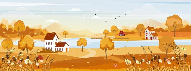 梦幻的秋季乡村全景，农场，山脉，野草和落叶在黄色的树叶的中秋全景。秋季的背景图片下载