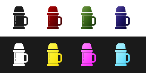 设置热水瓶容器图标隔离在黑色和白色背景。热瓶图标。露营和徒步旅行的装备。矢量图图片下载