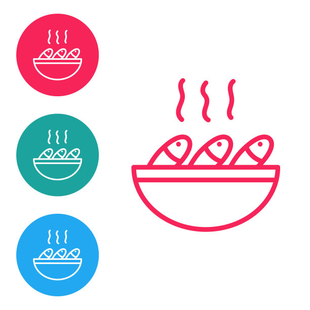 红色线鱼汤图标孤立在白色背景上。在圆形按钮中设置图标。向量图片下载