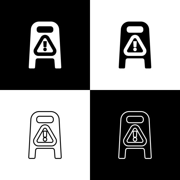 设置“湿地板和正在清洁中”图标隔离在黑白背景上。清洁服务理念。矢量图图片下载