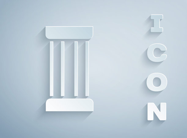 剪纸古老的柱图标孤立在灰色背景。纸艺术风格。向量图片下载