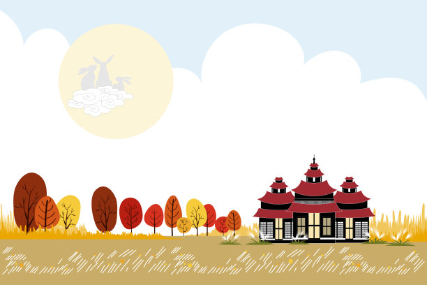 可爱的卡通秋天景观与中国寺庙和兔子坐在满月，矢量中秋贺卡，横幅，海报和模板的背景。素材图片