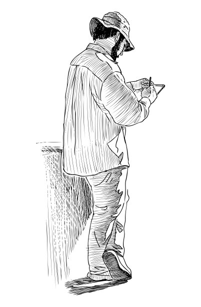 戴着帽子的艺术家在户外素描的素描图片下载