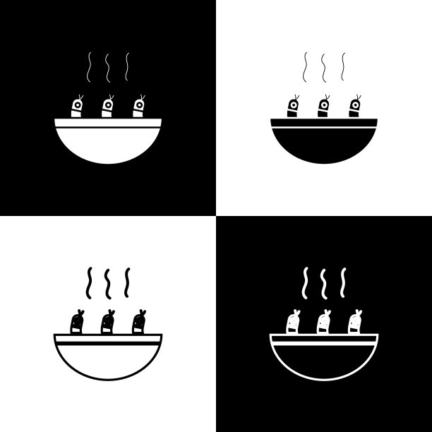 设置汤与虾图标孤立的黑白背景。冬阴功汤。向量图片下载