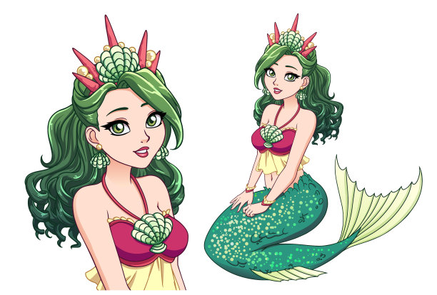 漂亮的卡通美人鱼公主与卷曲的绿色图片下载