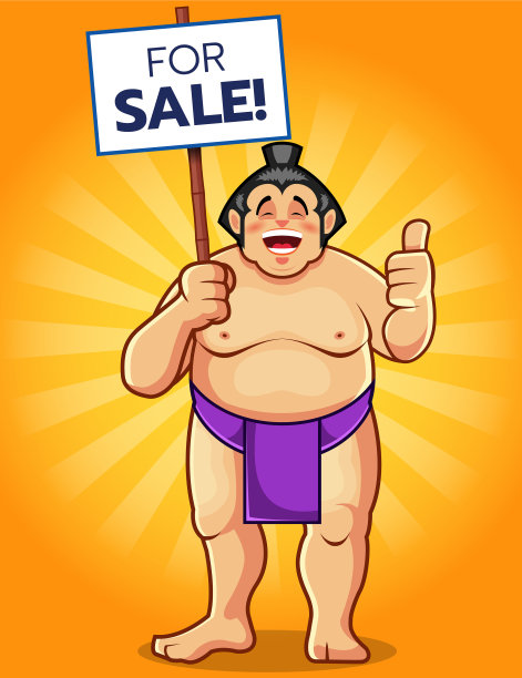 滑稽的相扑卡通吉祥物举着销售标志图片下载