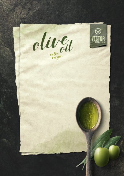 矢量现实橄榄插图，木勺，纸和油在黑色的石头背景图片下载