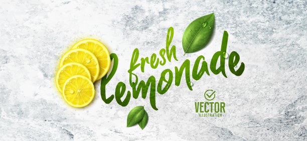 向量现实柠檬插图和树叶在白色的石头背景图片下载