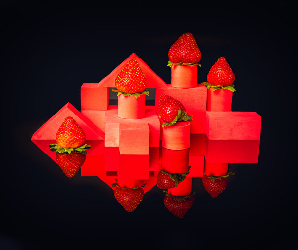 草莓在红色几何结构上的黑色背景图片下载