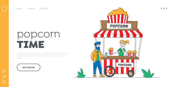 夏日咖啡馆登陆页面模板。售货员角色向顾客出售爆米花。游乐园的户外自助餐厅图片下载