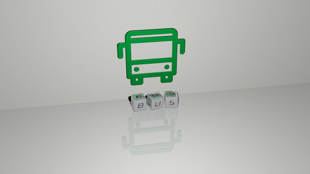 巴士垂直的3D图形图像，以及由金属立方体字母从顶部视角构建的文本，非常适合概念展示和幻灯片。插图和城市图片下载
