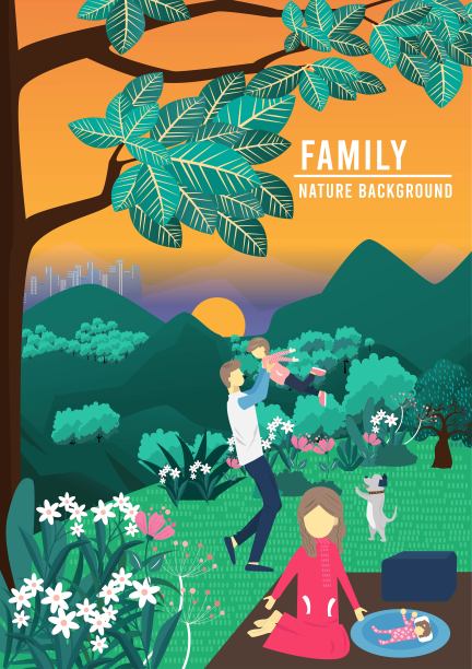 幸福家庭布景插图，幸福家庭户外花园，矢量自然背景。图片下载
