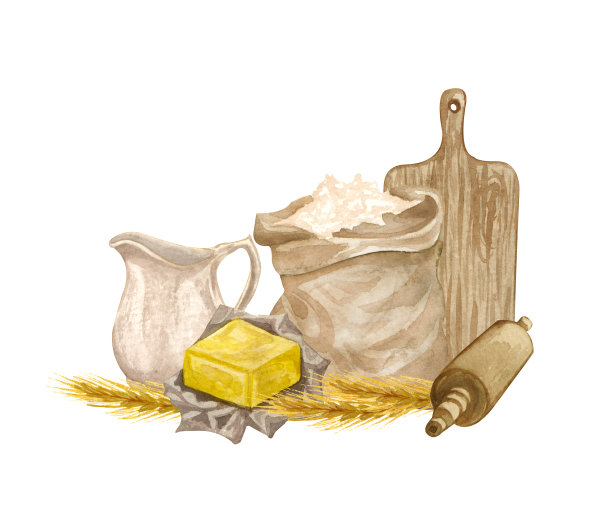 烘烤水彩插图与厨房用具，购物板，黄油，擀面杖，面粉，头，粘土在白色的背景。手绘烹饪剪辑艺术。烘焙的概念。图片下载