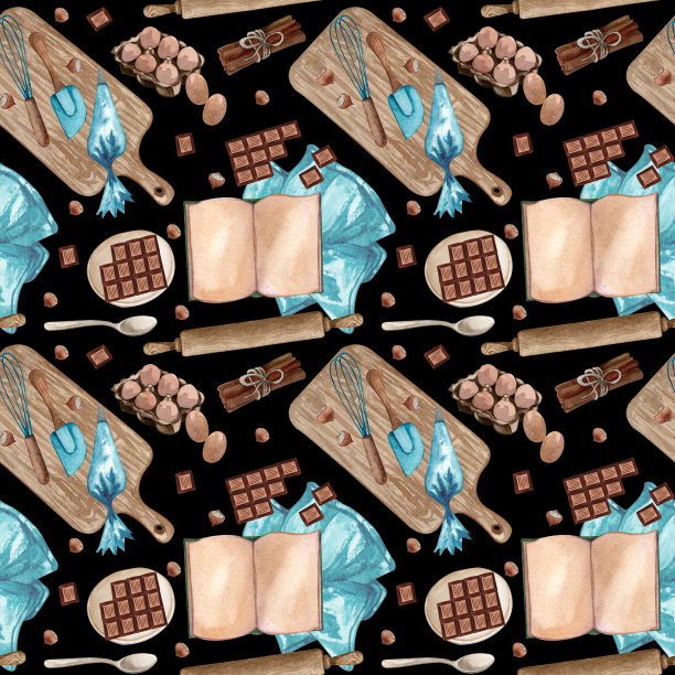 烘烤水彩无缝图案与厨房用具在白色的背景。手绘插图。图片下载