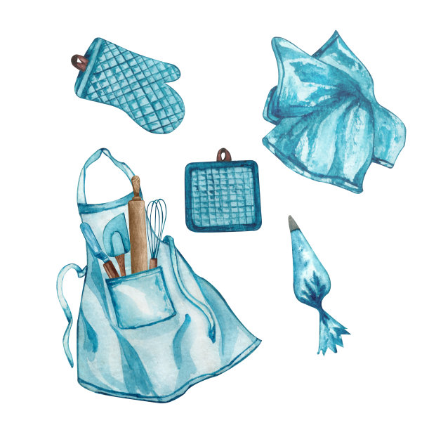 烘烤水彩集厨房用具，擀面杖，搅拌器，壶架，蓝色围裙在白色背景。前视图。手绘烹饪剪辑艺术。烘焙插图。图片下载