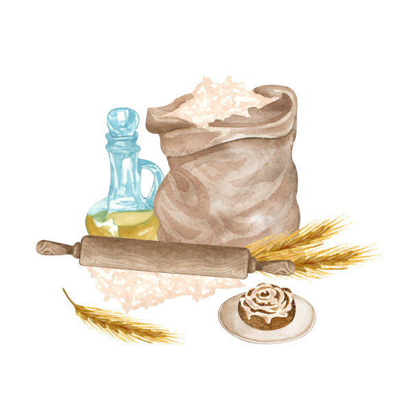 烘烤水彩插图与厨房用具，香草提取物，肉桂面包，擀面杖，面粉，小麦在白色的背景。手绘烹饪剪辑艺术。烘焙的概念。图片下载