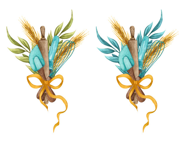 烘烤水彩厨房用具在白色背景上的花卉安排插图。烘焙的标志。图片下载