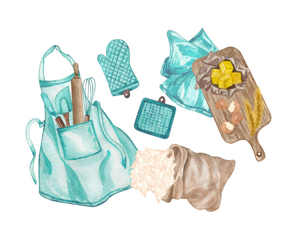 烘烤水彩集厨房用具，购物板，黄油，擀面杖，面粉，鸡蛋，锅架，围裙在白色的背景。前视图。手绘烹饪剪辑艺术。烘焙插图。图片下载