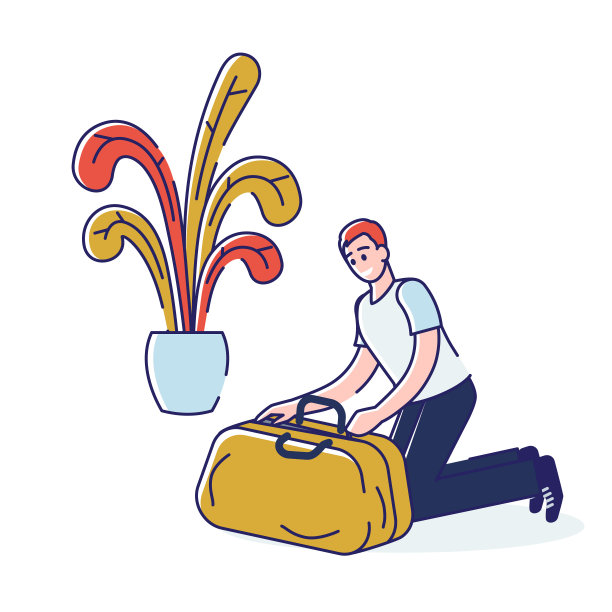 人包装。年轻的卡通人关闭手提箱的衣服和必需品的旅行图片下载