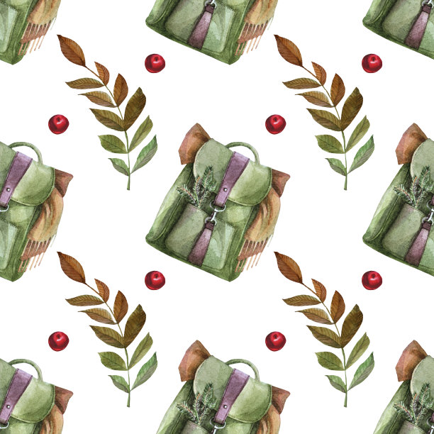 无缝图案水彩画绿色背包皮包和秋天的叶子和浆果在白色。回到学校背景。艺术创作对象贴纸，卡片，包装，墙纸图片下载