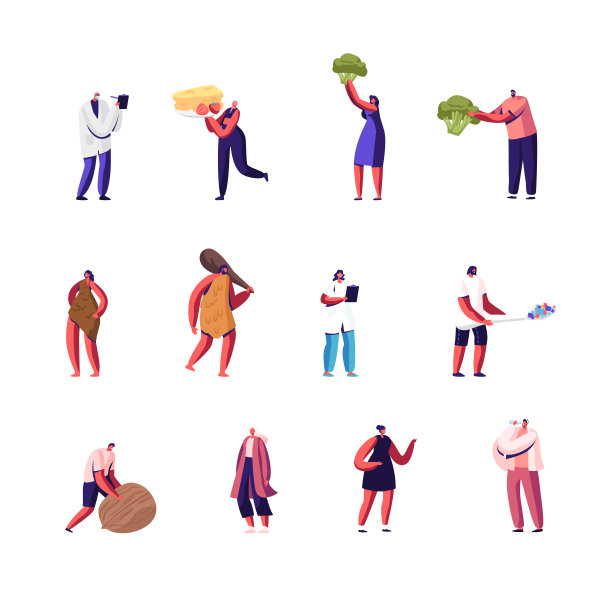 男性和女性人物，病人和医生，旧石器饮食营养。小矮人和大食物，饮用水图片下载