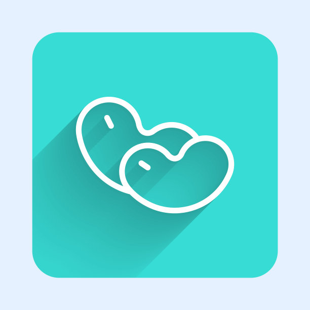 白色线豆子图标孤立与长阴影。绿色广场按钮。向量图片下载