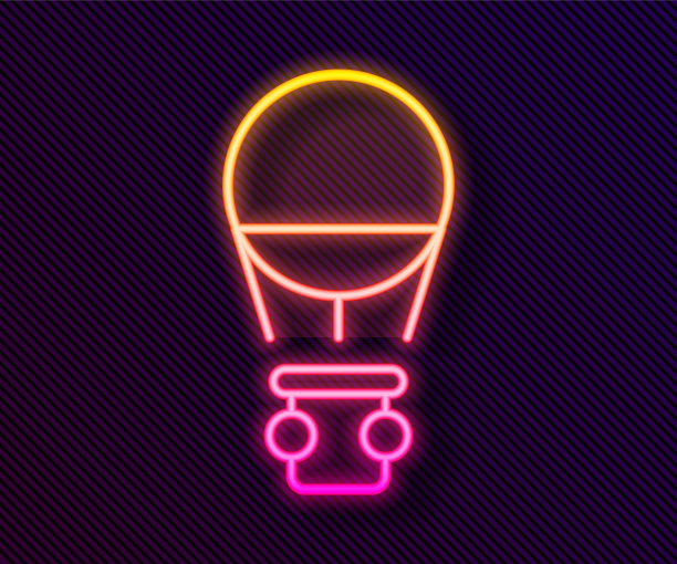 发光的霓虹灯线热气球图标孤立在黑色的背景。航空运输。向量图片下载