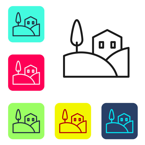 黑线村落景观图标孤立在白色背景上。设置图标的颜色方形按钮。向量图片下载