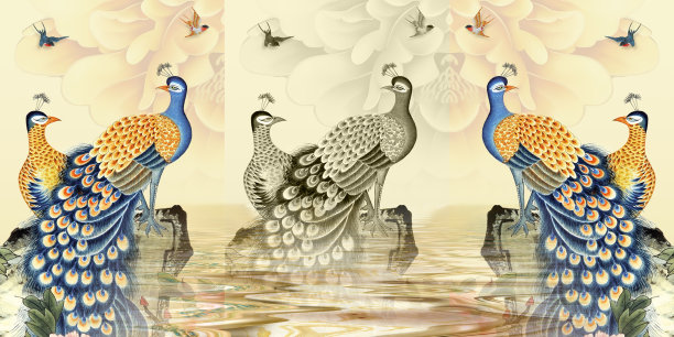 3D框架三件式拼贴画，墙上绘有彩色孔雀、鲜花和蝴蝶，用于室内装饰图片下载