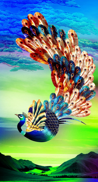 3D框架三件式拼贴画，墙上绘有彩色孔雀、鲜花和蝴蝶，用于室内装饰图片下载